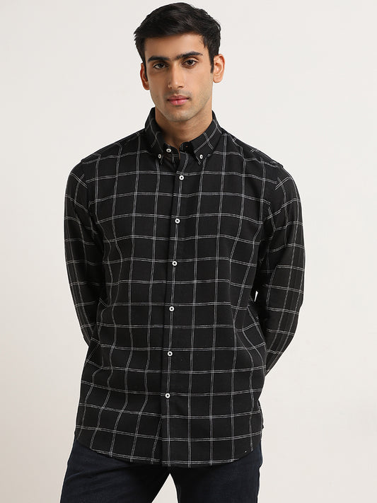 Ascot Black Checkered Relaxed-Fit Blended Linen Shirt