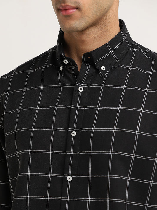 Ascot Black Checkered Relaxed-Fit Blended Linen Shirt
