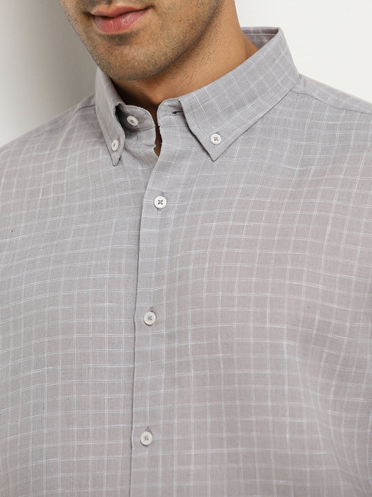 Ascot Light Grey Checkered Relaxed-Fit Blended Linen Shirt