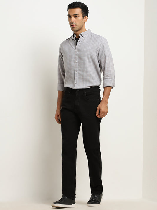 Ascot Light Grey Checkered Relaxed-Fit Blended Linen Shirt