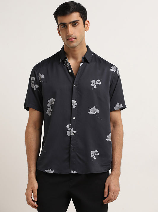 Ascot Black Floral Pattern Relaxed-Fit Shirt