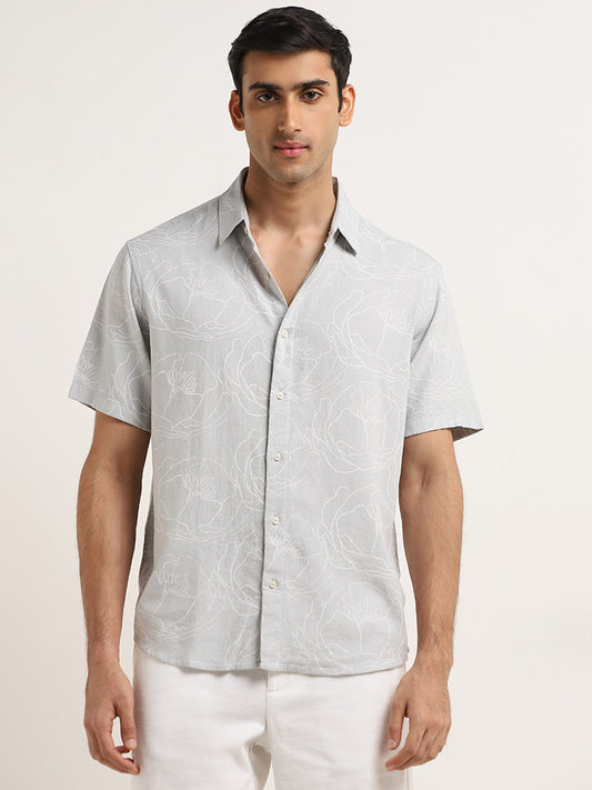 Ascot Light Grey Floral Relaxed-Fit Blended Linen Shirt