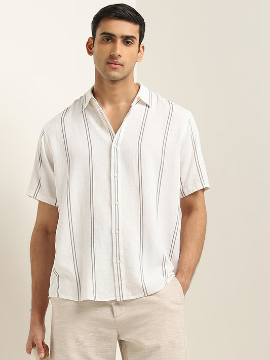 Ascot White Striped Printed Relaxed-Fit Blended Linen Shirt