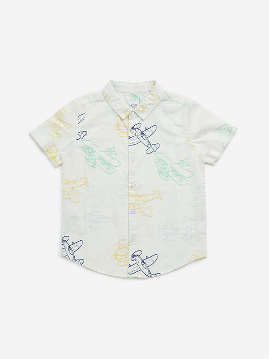 HOP Kids Off-White Airplane Design Cotton Shirt