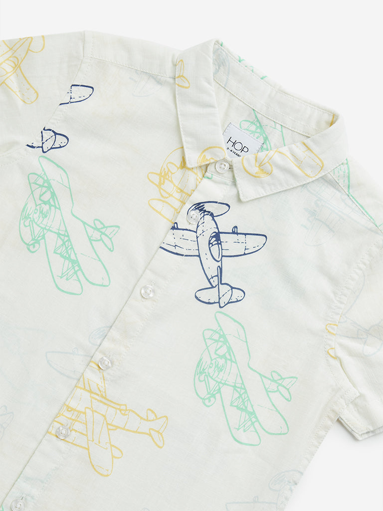 HOP Kids Off-White Airplane Design Cotton Shirt