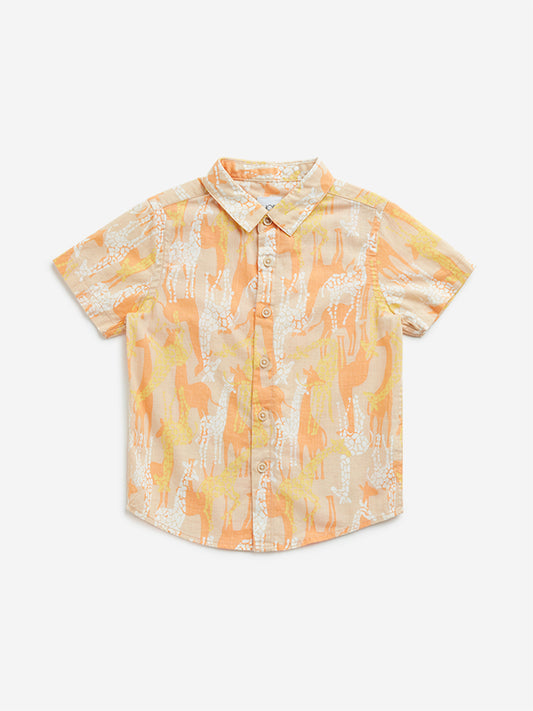 HOP Kids Orange Giraffe-Printed Cotton Shirt