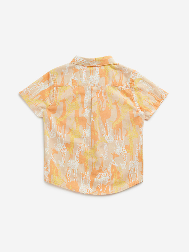 HOP Kids Orange Giraffe-Printed Cotton Shirt