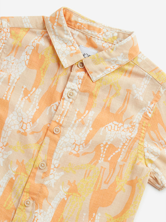 HOP Kids Orange Giraffe-Printed Cotton Shirt