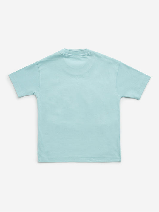 HOP Kids Teal Text Embossed Cotton T-Shirt