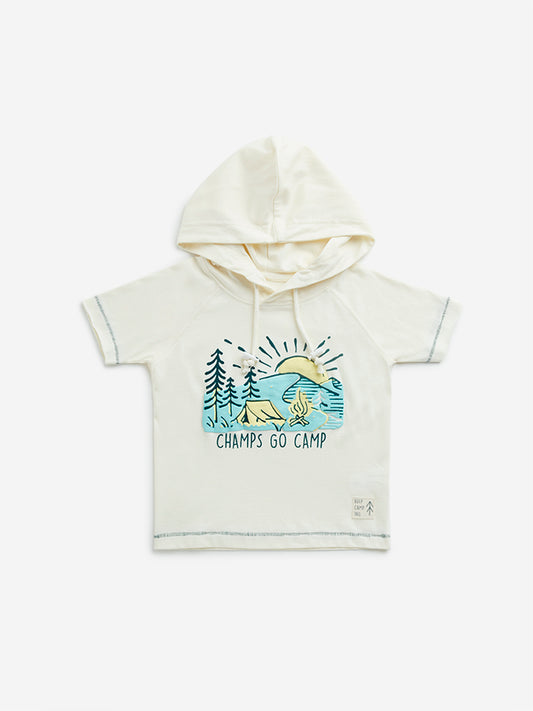 HOP Kids Off-White Camping-Inspired Hooded Cotton T-Shirt