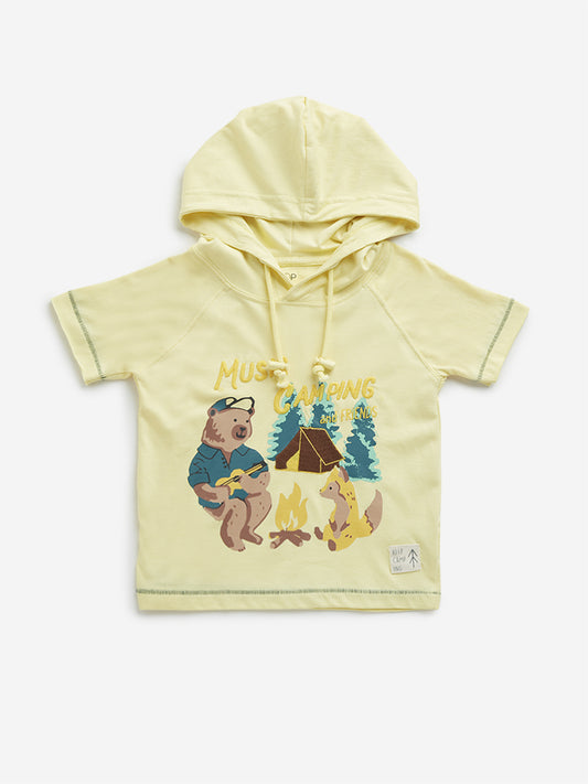HOP Kids Yellow Animal Print Hooded Cotton T-Shirt