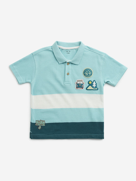 HOP Kids Aqua Colour-Blocked Design Cotton Polo T-Shirt
