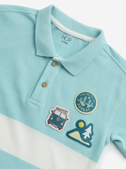 HOP Kids Aqua Colour-Blocked Design Cotton Polo T-Shirt