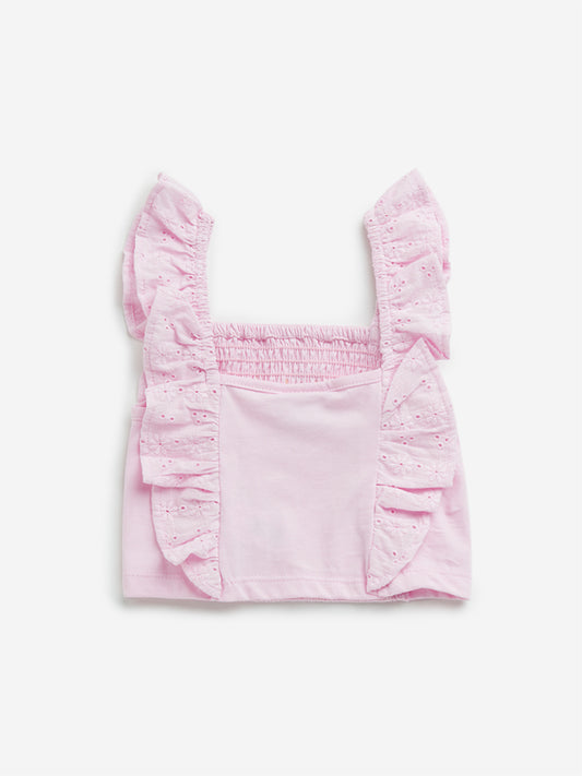 HOP Kids Pink Schiffli Design Ruffled Cotton Top