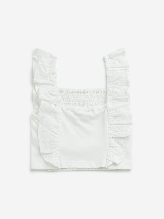 HOP Kids White Schiffli Design Ruffled Cotton Top