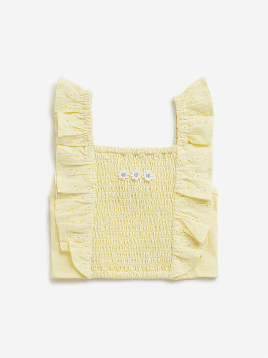 HOP Kids Yellow Schiffli Design Ruffled Cotton Top
