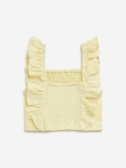 HOP Kids Yellow Schiffli Design Ruffled Cotton Top
