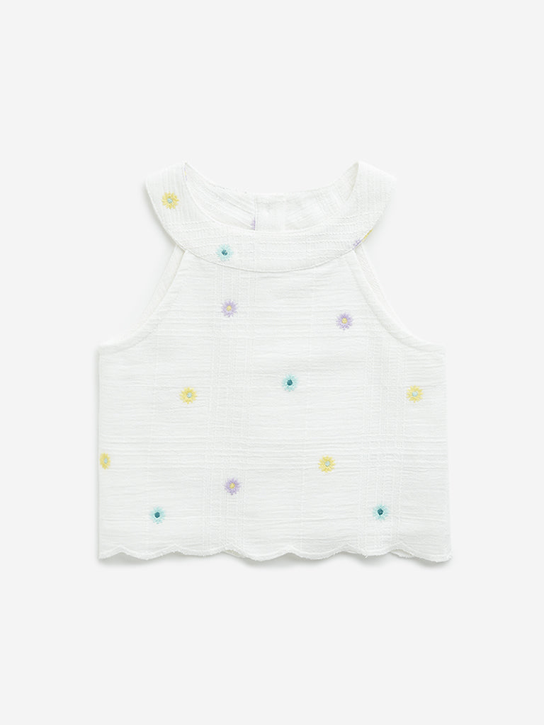 HOP Kids Off-White Floral Embroidered Top