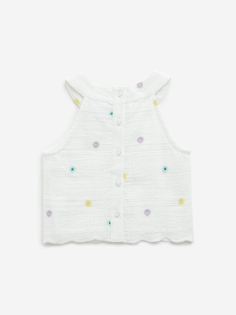 HOP Kids Off-White Floral Embroidered Top
