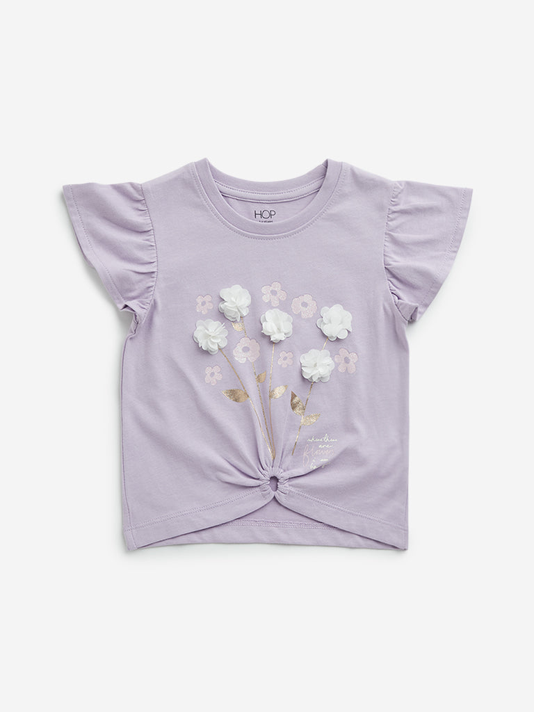 HOP Kids Lilac Floral Applique Cotton T-Shirt
