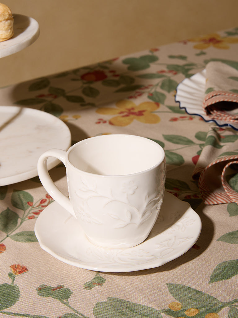 Westside Home White Floral Embossed Tea Cup and Saucer Set