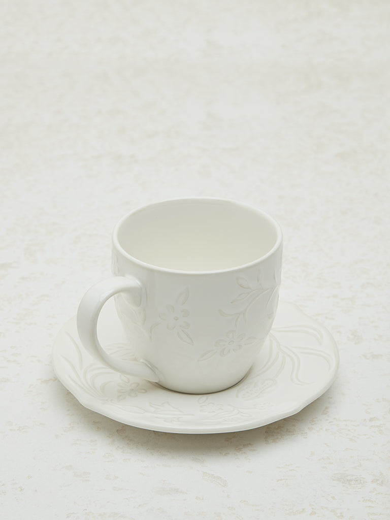 Westside Home White Floral Embossed Tea Cup and Saucer Set