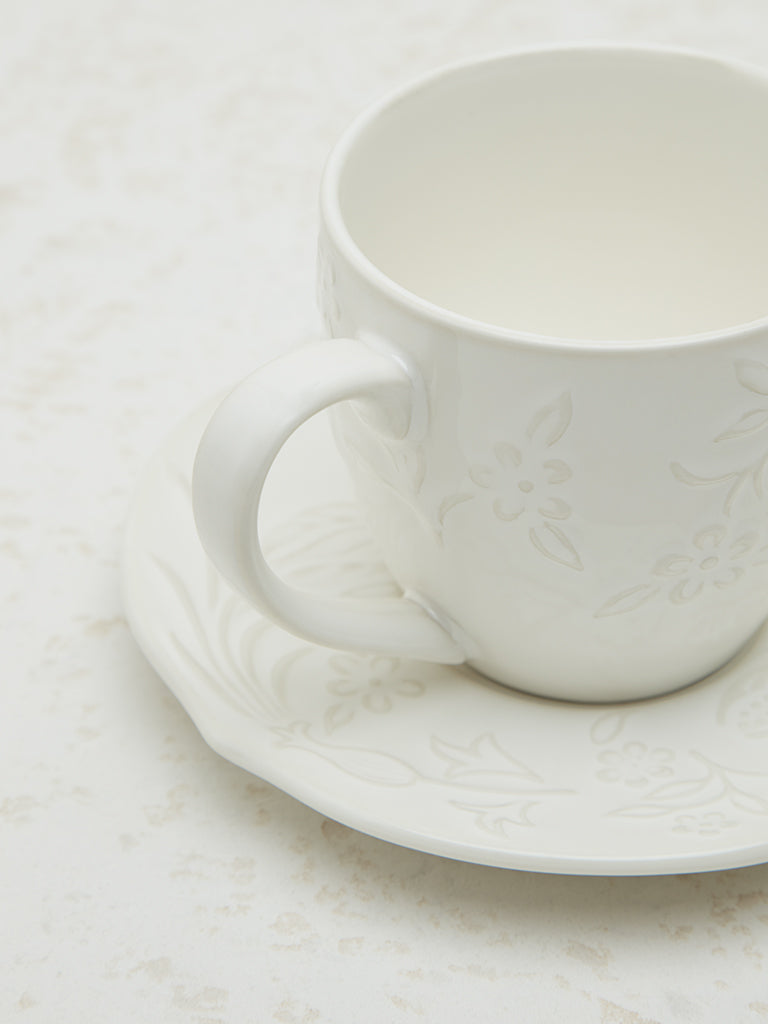 Westside Home White Floral Embossed Tea Cup and Saucer Set