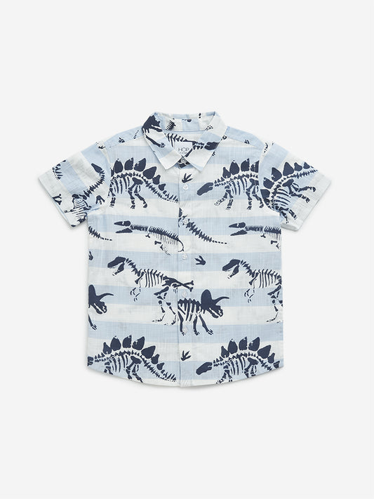 HOP Kids Blue Dinosaur Printed Cotton Shirt