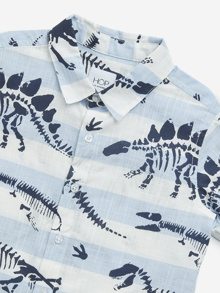 HOP Kids Blue Dinosaur Printed Cotton Shirt