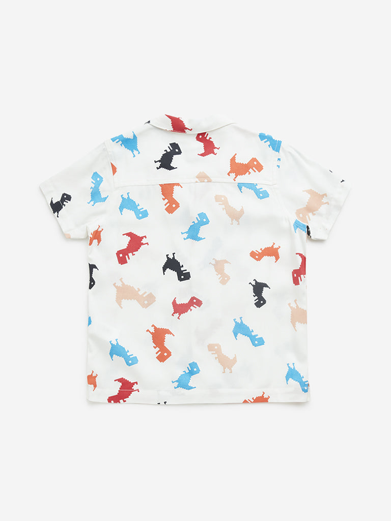 HOP Kids White Dinosaur Printed Resort-Fit Shirt