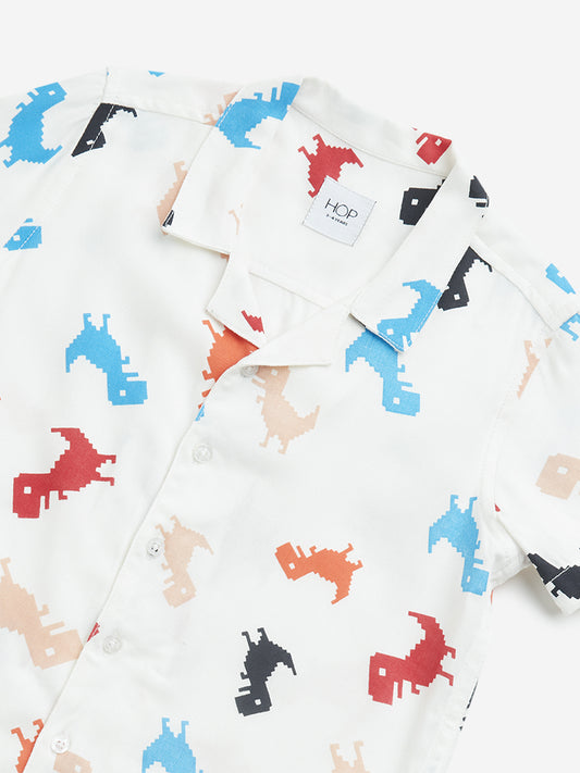 HOP Kids White Dinosaur Printed Resort-Fit Shirt