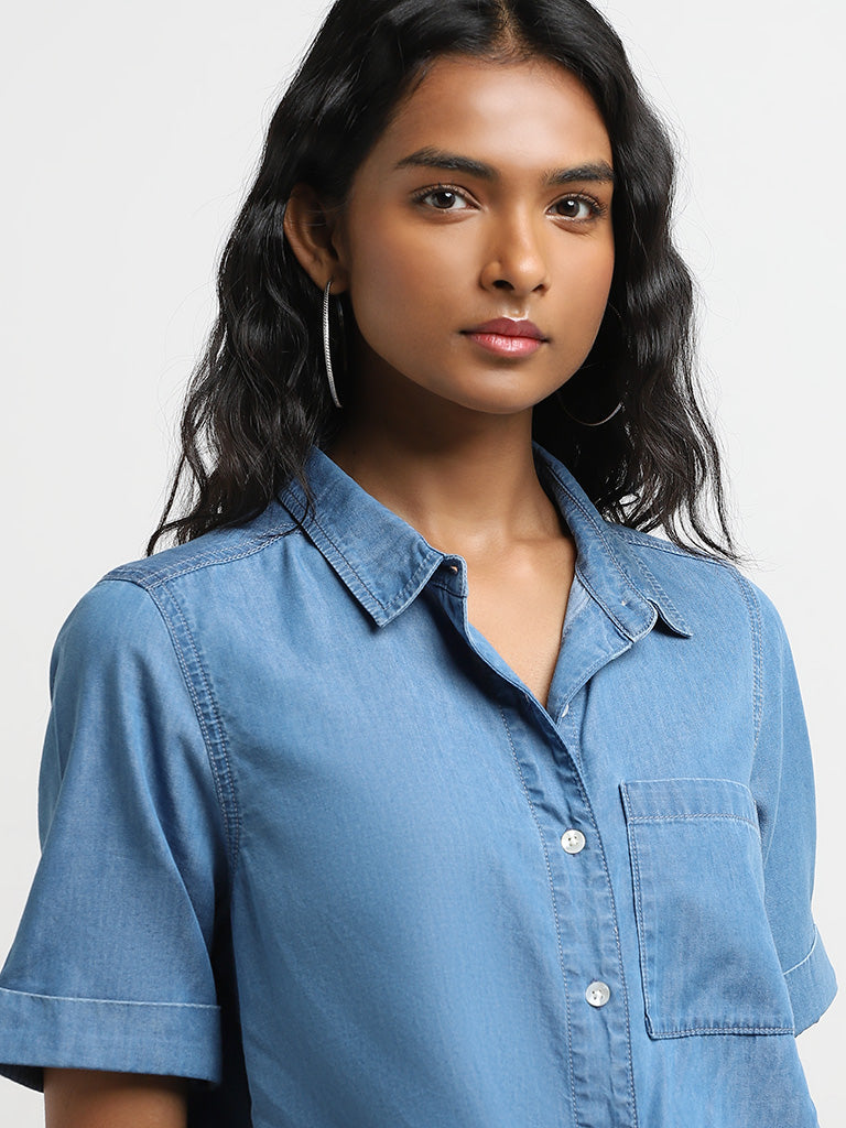 LOV Blue Solid Cotton Shirt