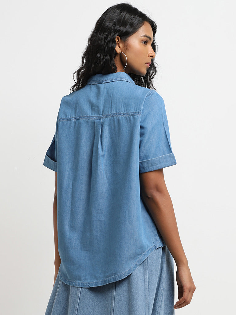 LOV Blue Solid Cotton Shirt