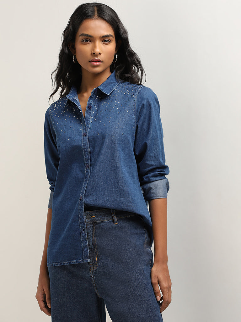 LOV Dark Blue Diamante Detailed Denim Shirt