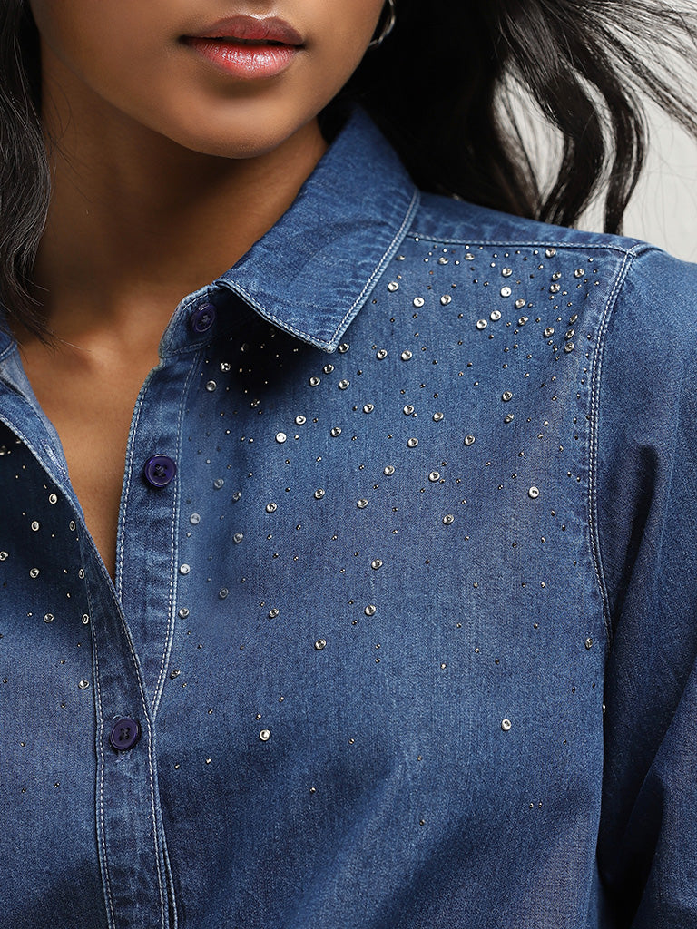 LOV Dark Blue Diamante Detailed Denim Shirt