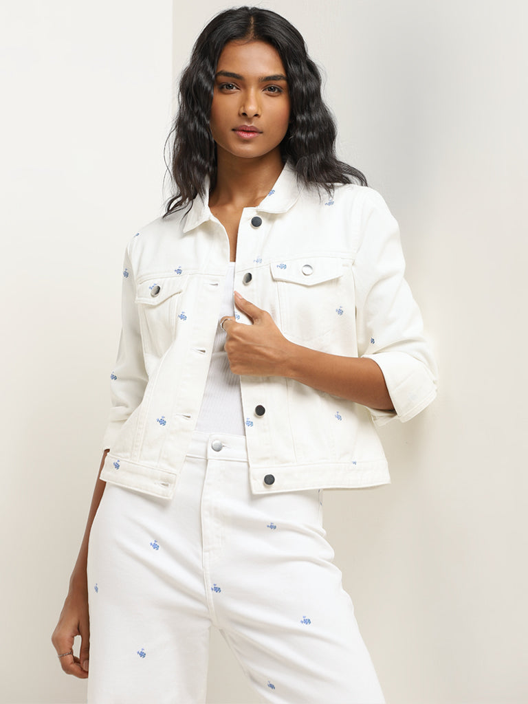 LOV White Ditsy Floral Print Denim Jacket