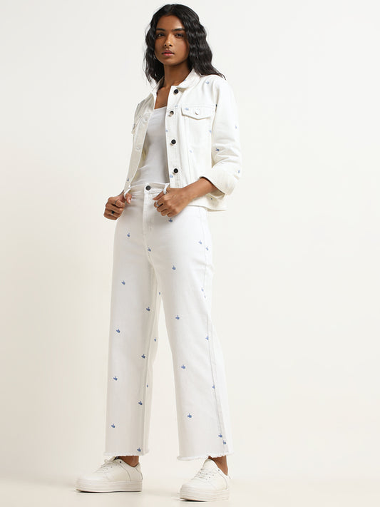 LOV White Floral Print Mid - Rise Straight - Fit Jeans