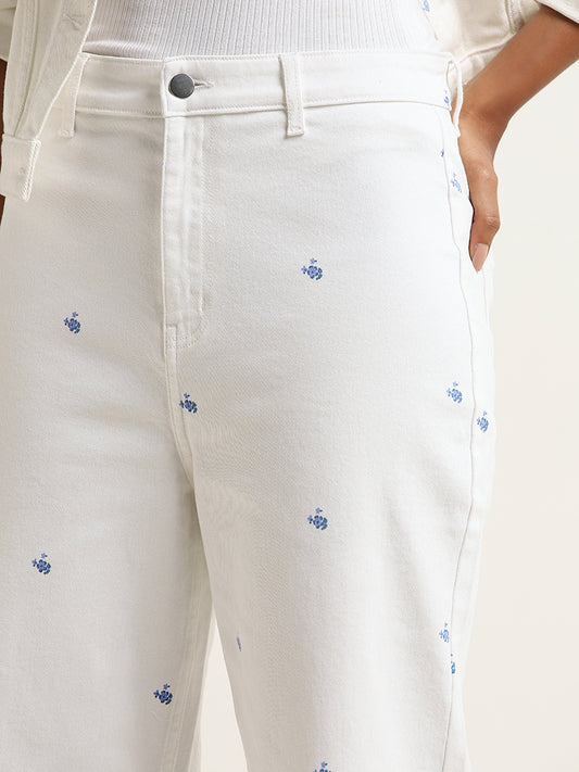 LOV White Floral Print Mid - Rise Straight - Fit Jeans