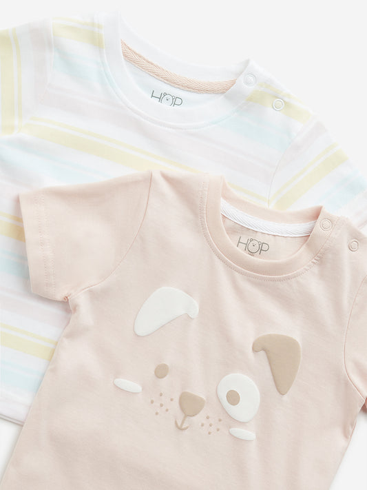HOP Baby Peach Printed Cotton T-Shirts - Pack of 2