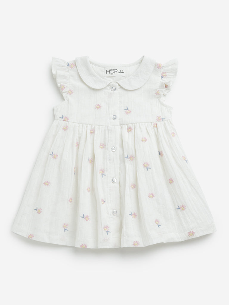 HOP Baby White Floral Embroidered A-Line Cotton Dress