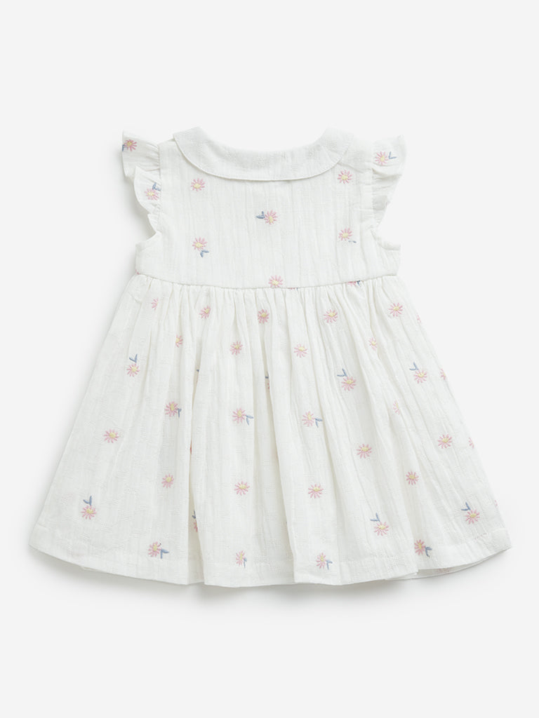 HOP Baby White Floral Embroidered A-Line Cotton Dress