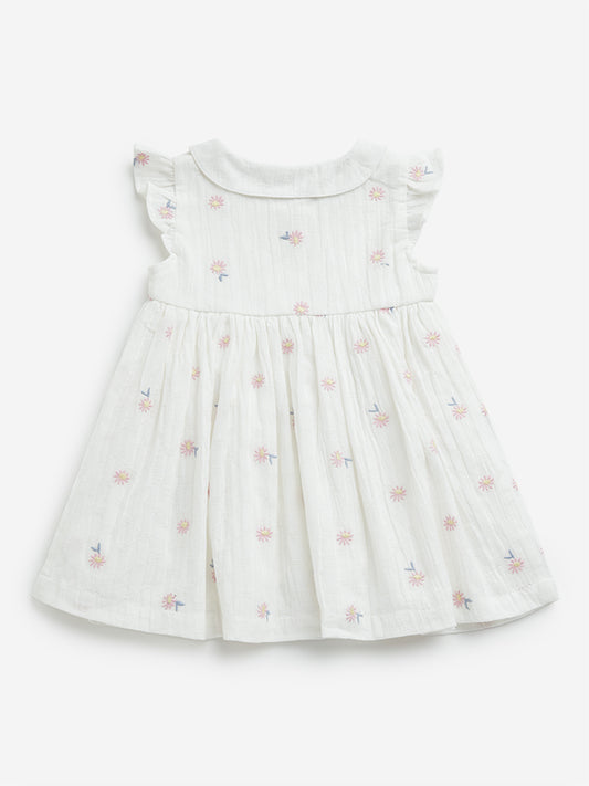 HOP Baby White Floral Embroidered A-Line Cotton Dress