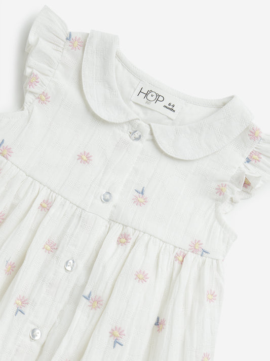 HOP Baby White Floral Embroidered A-Line Cotton Dress