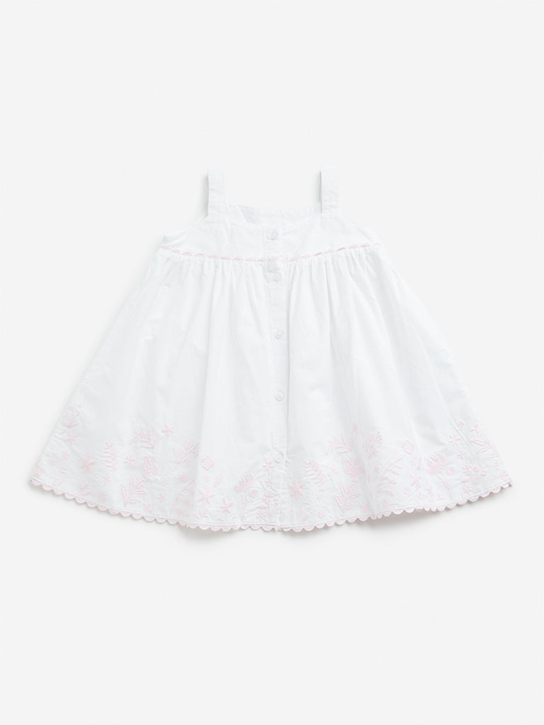 HOP Baby White Empire Line Floral Embroidered Cotton Dress