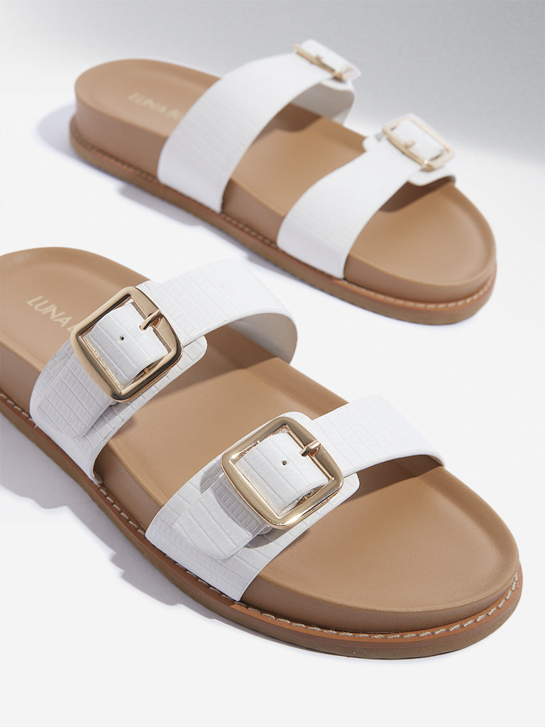 LUNA BLU White Buckle-Detailed Slip-On Sandals