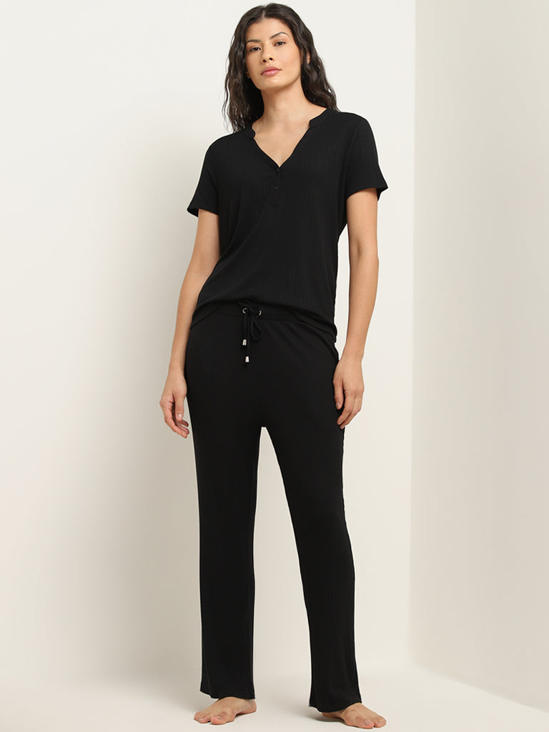 Wunderlove Black Ribbed High-Rise Pants