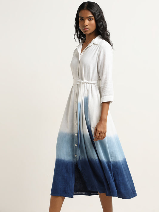 LOV White Ombre Blended Linen Shirt Dress with Belt