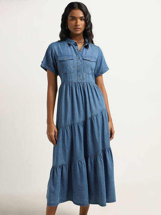 LOV Dark Blue Asymmetrical Tiered Shirt Dress