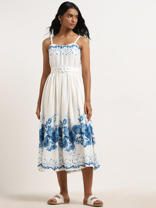LOV White Floral Printed A-Line Blended Linen Dress