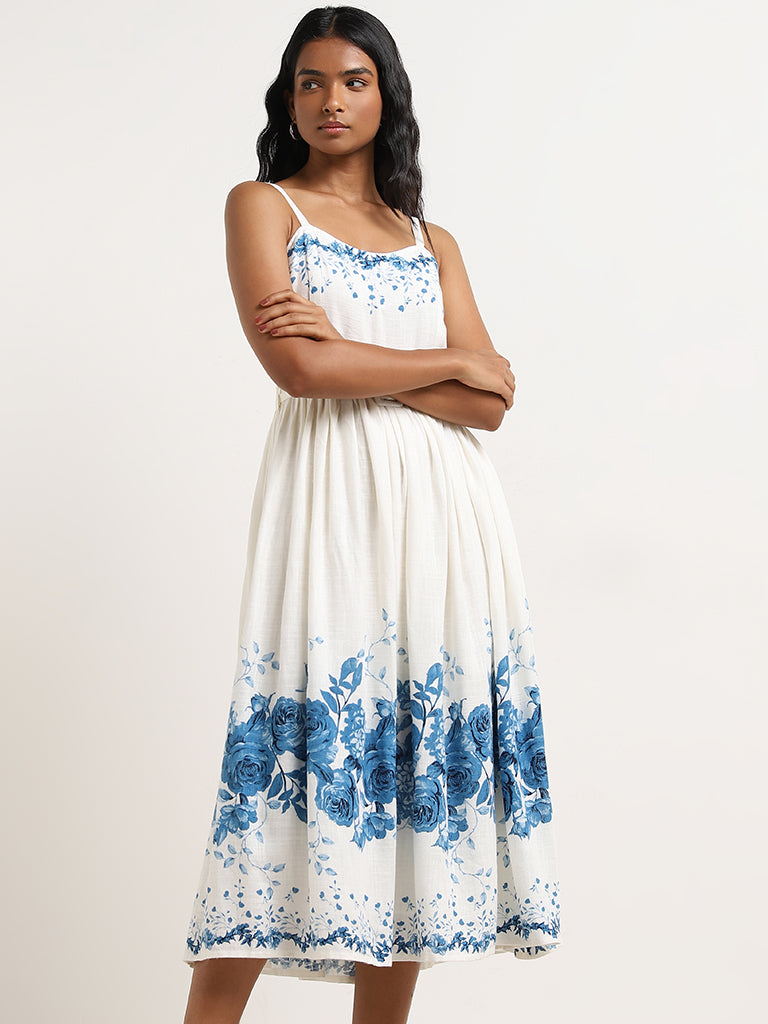 LOV White Floral Printed A-Line Blended Linen Dress